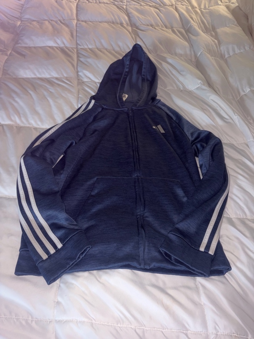 Adidas Navy Hooded Zip-Up Sweatshirt with White Stripe Sleeves - Youth L